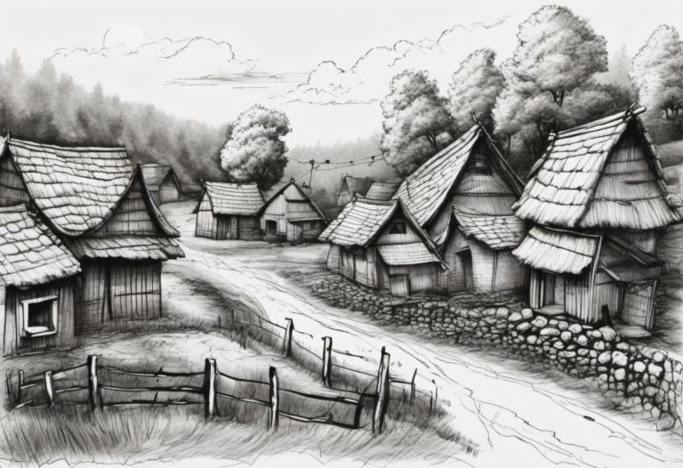 Sketch,Sketch, Village, village, monochrome, greyscale, no humans, scenery, house, tree, traditional media