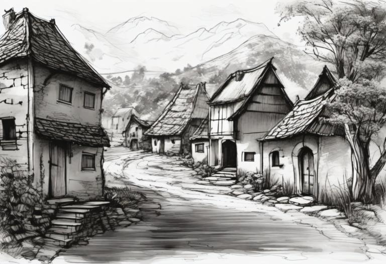 Sketch,Sketch, Village, village, no humans, monochrome, greyscale, tree, scenery, house, outdoors, mountain