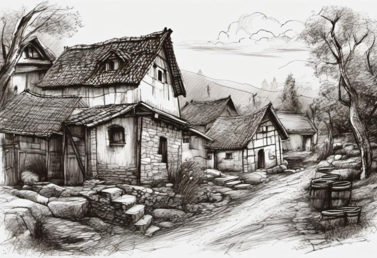 Croquis,Croquis, Village, village, pas d'humains, monochrome, arbre, paysage, maison, niveaux de gris