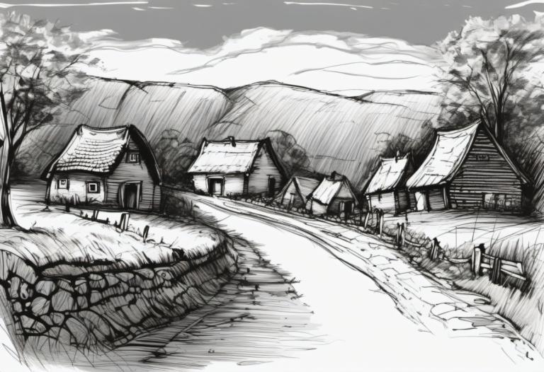 Sketch,Sketch, Village, village, monochrome, no humans, greyscale, tree, house, scenery, outdoors, grass