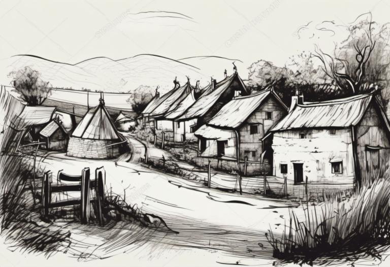 Sketch,Sketch, Village, village, monochrome, no humans, scenery, tree, house, grass, outdoors, greyscale