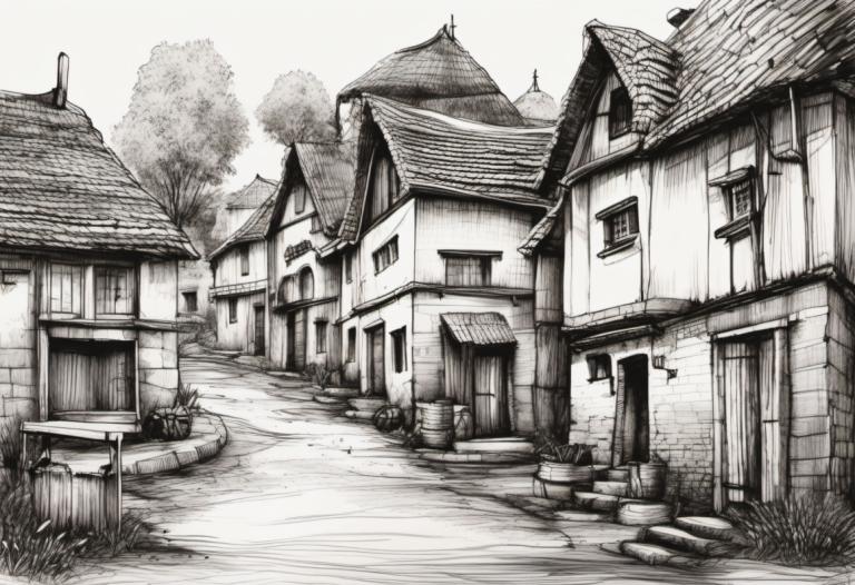 Sketch,Sketch, Village, village, no humans, monochrome, greyscale, scenery, house, tree, grass, outdoors