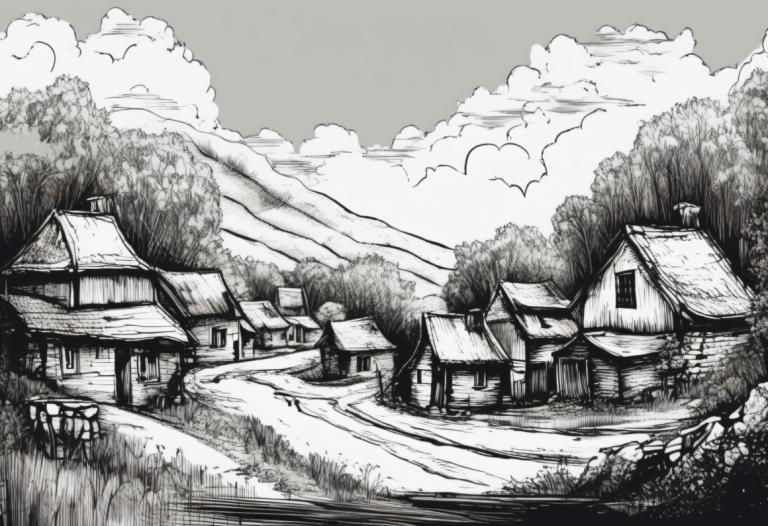 Sketch,Sketch, Village, village, monochrome, no humans, scenery, greyscale, cloud, outdoors, sky, house, tree