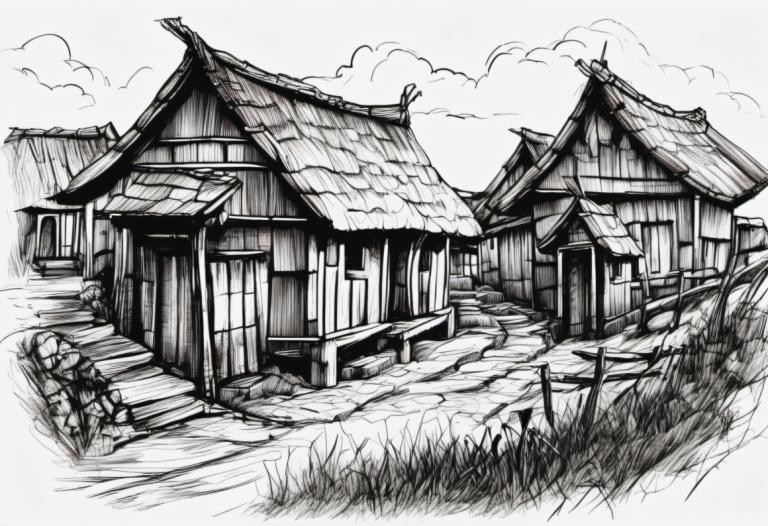 Sketch,Sketch, Village, village, monochrome, greyscale, no humans, grass, scenery, cloud, architecture