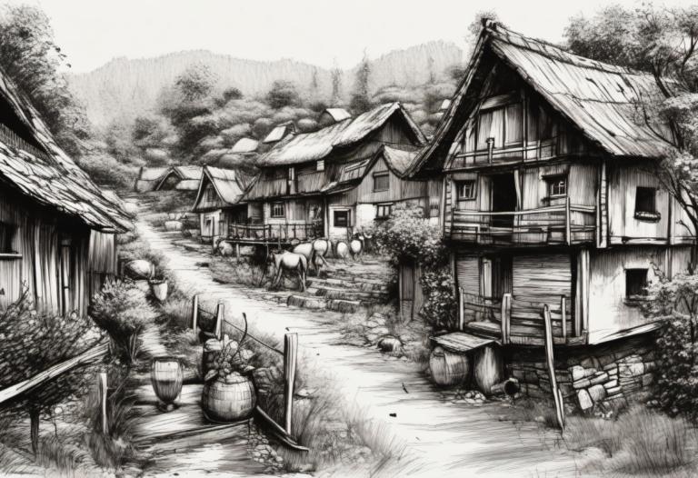 Sketch,Sketch, Village, village, monochrome, no humans, greyscale, scenery, house, tree, outdoors, grass