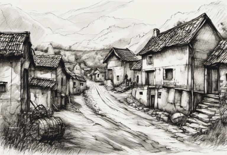 Sketch,Sketch, Village, village, monochrome, no humans, house, scenery, greyscale, outdoors