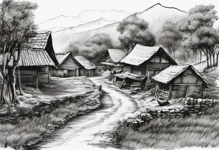 Sketch,Sketch, Village, village, monochrome, greyscale, no humans, tree, scenery, outdoors, grass, house