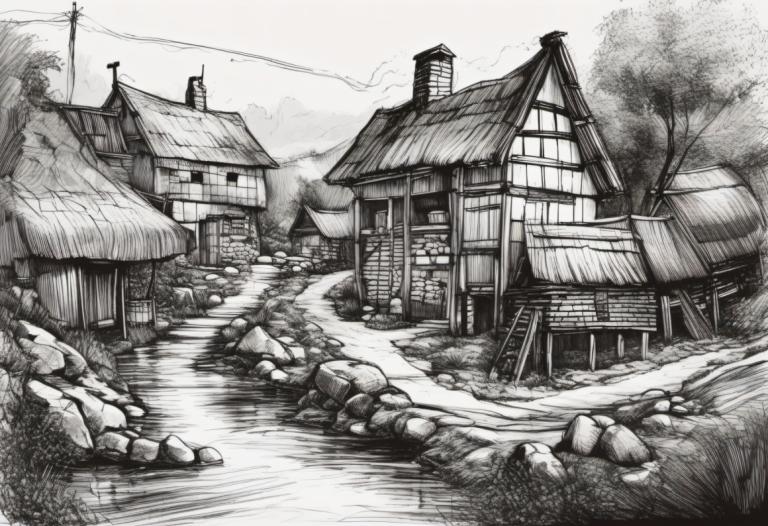 Sketch,Sketch, Village, village, monochrome, scenery, greyscale, house, no humans, outdoors, rock, water