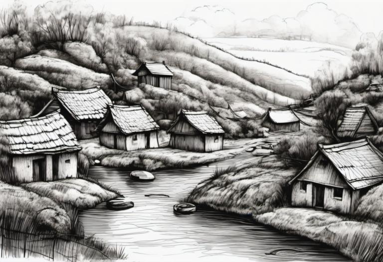 Sketch,Sketch, Village, village, no humans, monochrome, scenery, greyscale, traditional media, house, tree