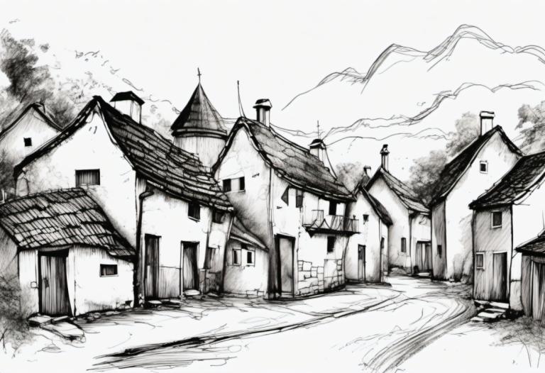 Sketch,Sketch, Village, village, no humans, monochrome, greyscale, house, scenery, traditional media