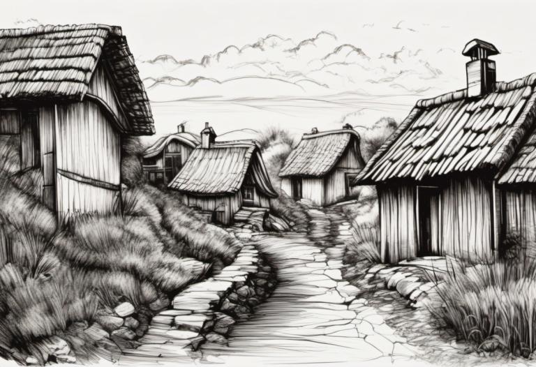 Sketch,Sketch, Village, village, monochrome, scenery, greyscale, cloud, architecture, outdoors, sky, house