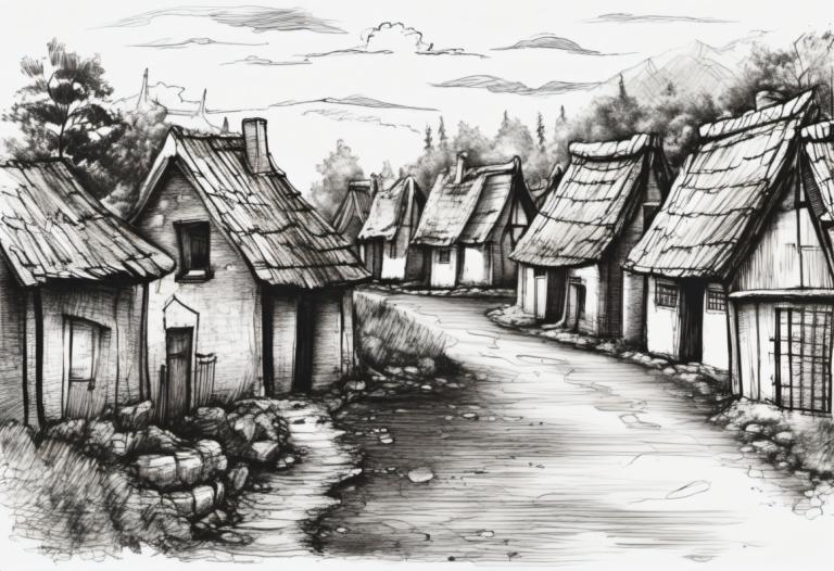 Sketch,Sketch, Village, village, no humans, monochrome, greyscale, scenery, cloud, outdoors, house