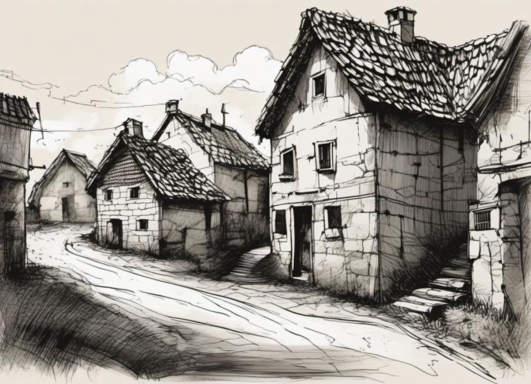 Sketch,Sketch, Village, village, no humans, monochrome, scenery, cloud, house, sky, outdoors, building