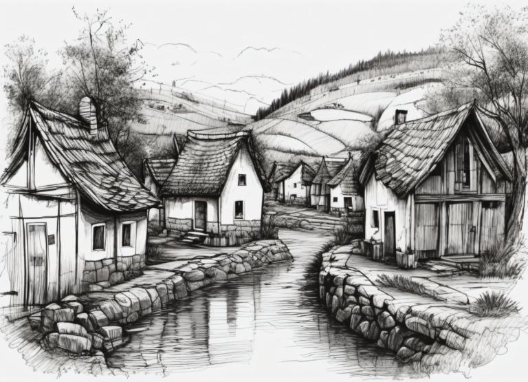 Sketch,Sketch, Village, village, no humans, monochrome, greyscale, scenery, tree, house, traditional media