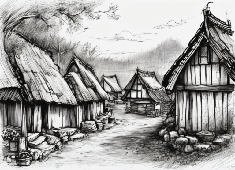 Sketch,Sketch, Village, village, monochrome, no humans, greyscale, scenery, architecture, house