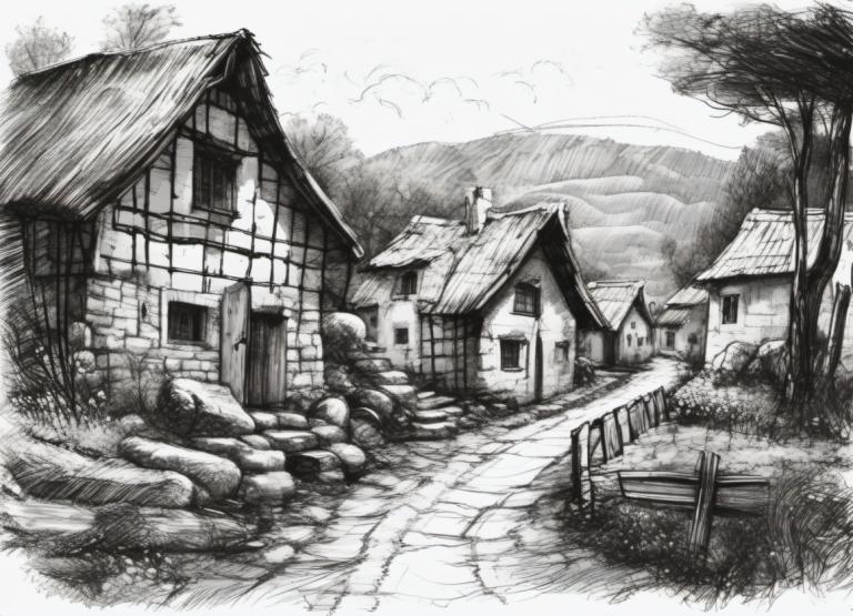 Sketch,Sketch, Village, village, monochrome, greyscale, no humans, scenery, tree, house, traditional media