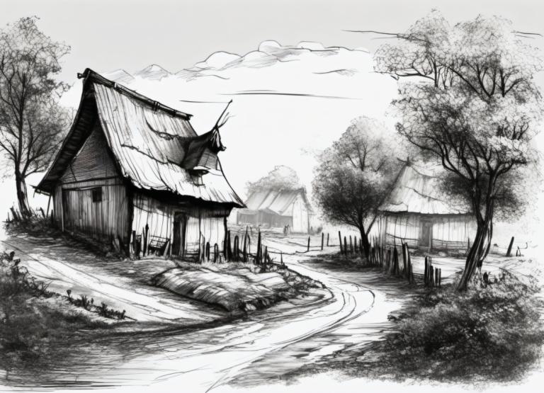 Sketch,Sketch, Village, village, no humans, monochrome, tree, greyscale, scenery, outdoors, cloud