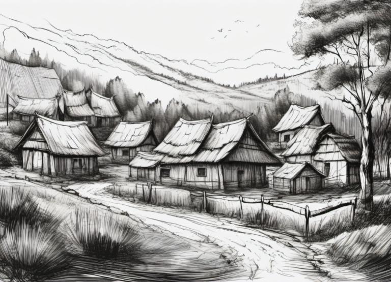 Sketch,Sketch, Village, village, monochrome, no humans, greyscale, tree, scenery, house, outdoors