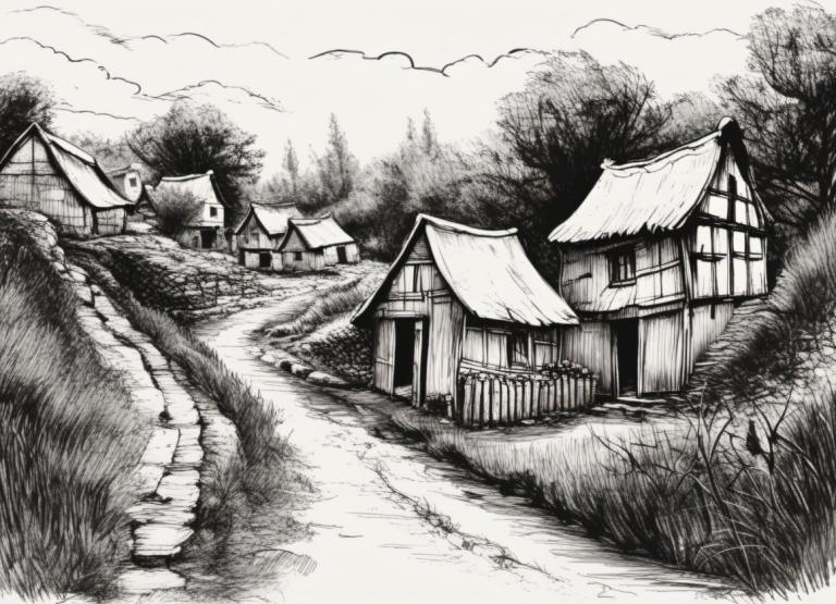 Sketch,Sketch, Village, village, no humans, monochrome, scenery, greyscale, house, grass, tree