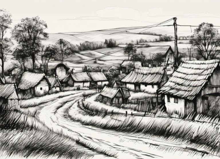 Sketch,Sketch, Village, village, no humans, monochrome, scenery, tree, outdoors, house, greyscale