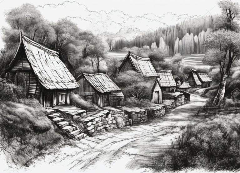 Sketch,Sketch, Village, village, no humans, monochrome, greyscale, scenery, tree, traditional media, outdoors