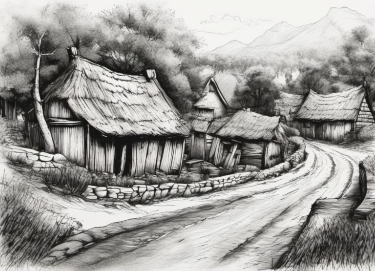 Sketch,Sketch, Village, village, monochrome, greyscale, scenery, tree, no humans, east asian architecture