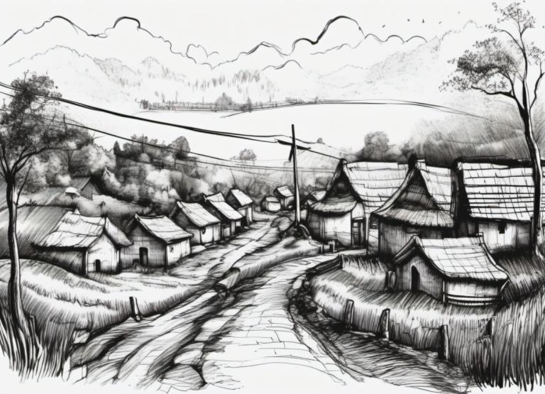 Sketch,Sketch, Village, village, no humans, monochrome, greyscale, scenery, tree, outdoors, traditional media