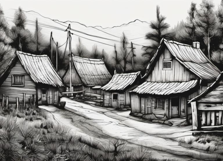 Sketch,Sketch, Village, village, no humans, monochrome, greyscale, house, scenery, tree, grass, outdoors