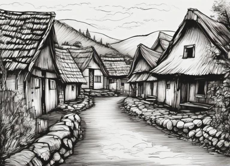 Sketch,Sketch, Village, village, no humans, monochrome, greyscale, house, scenery, outdoors, architecture