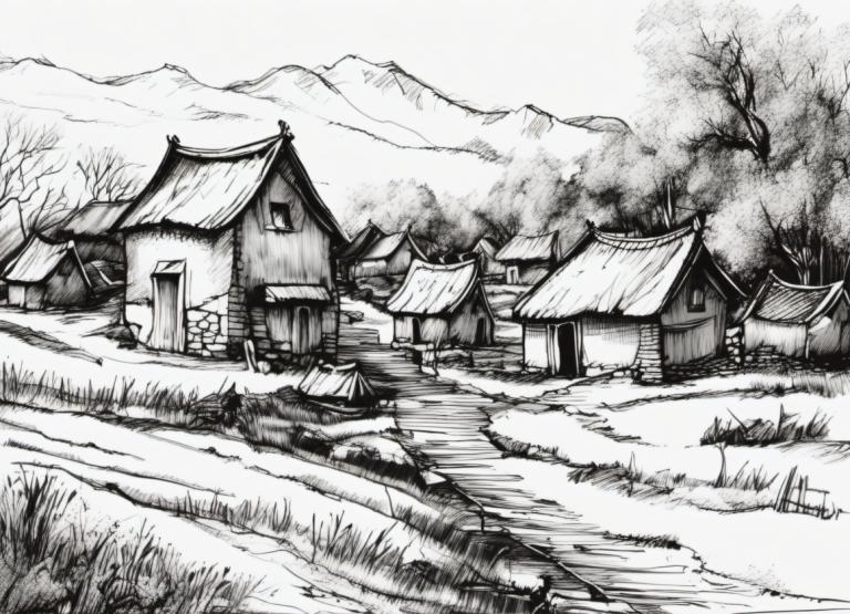 Sketch,Sketch, Village, village, no humans, monochrome, greyscale, scenery, tree, house, grass, outdoors