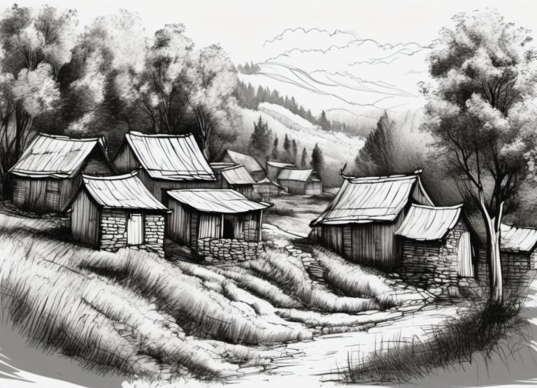 Sketch,Sketch, Village, village, no humans, monochrome, greyscale, scenery, tree, east asian architecture