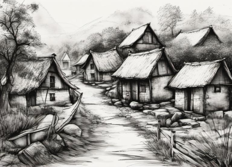 Sketch,Sketch, Village, village, no humans, monochrome, house, tree, greyscale, scenery, traditional media