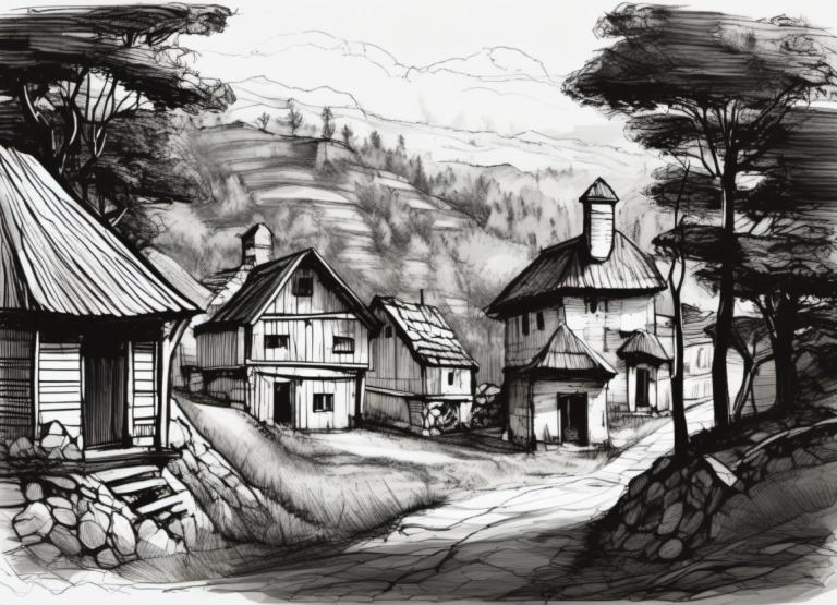 Sketch,Sketch, Village, village, monochrome, no humans, greyscale, tree, scenery, house, outdoors, cloud, sky