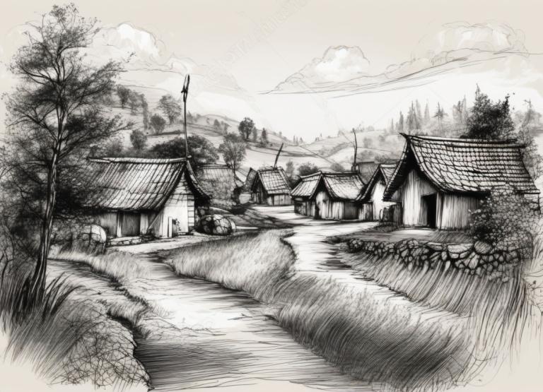 Sketch,Sketch, Village, village, no humans, monochrome, tree, scenery, cloud, outdoors, house, sky, grass