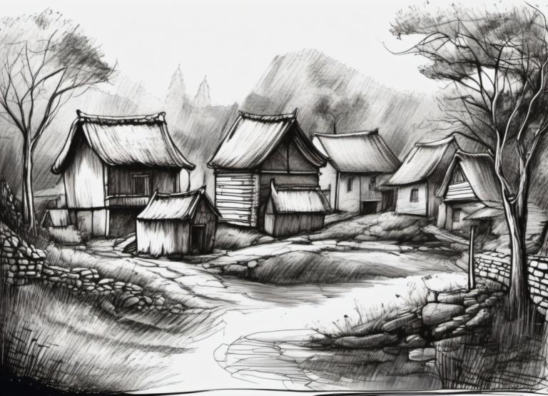 Sketch,Sketch, Village, village, no humans, monochrome, greyscale, tree, scenery, traditional media