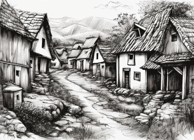 Sketch,Sketch, Village, village, no humans, monochrome, scenery, greyscale, house, outdoors