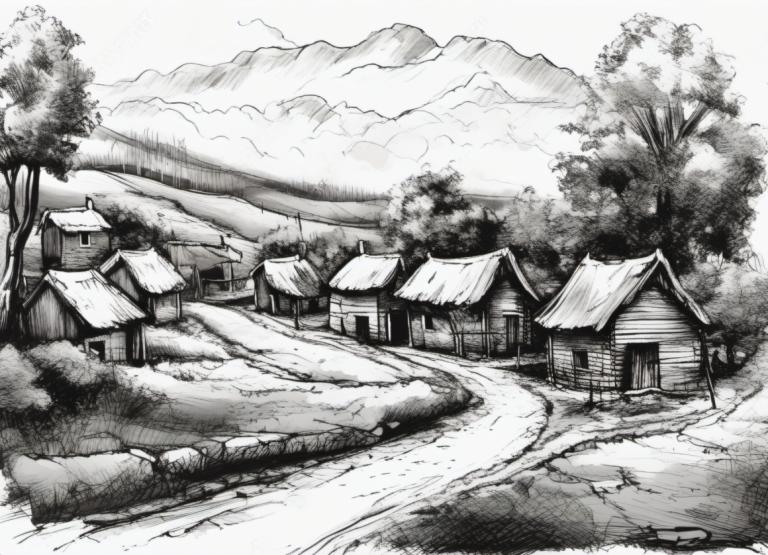 Sketch,Sketch, Village, village, no humans, monochrome, greyscale, scenery, tree, east asian architecture