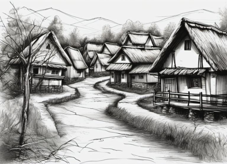 Sketch,Sketch, Village, village, no humans, monochrome, greyscale, tree, house, scenery, traditional media