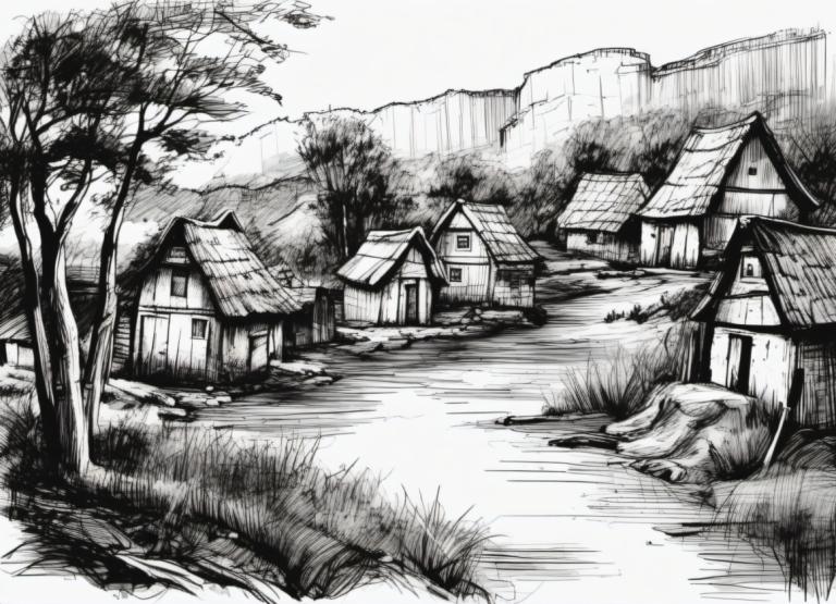 Sketch,Sketch, Village, village, no humans, monochrome, greyscale, tree, house, scenery, grass, outdoors