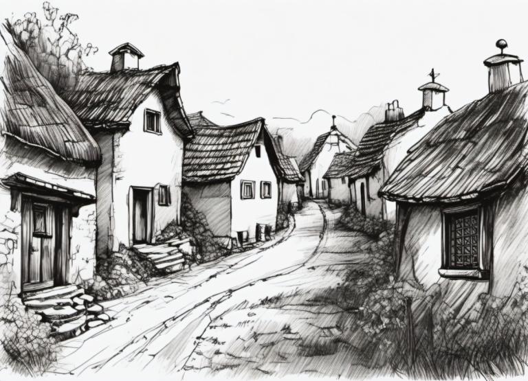 Sketch,Sketch, Village, village, no humans, monochrome, greyscale, scenery, house, grass, outdoors