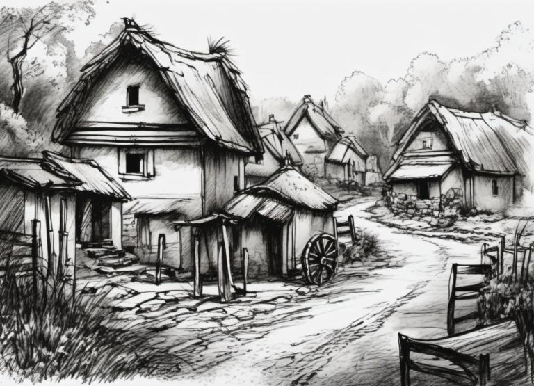 Sketch,Sketch, Village, village, no humans, monochrome, greyscale, house, scenery, grass, tree, outdoors