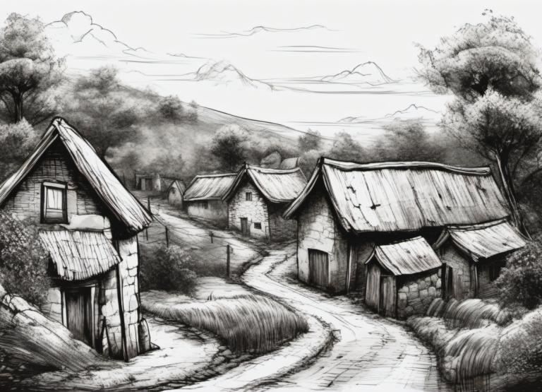 Sketch,Sketch, Village, village, no humans, monochrome, scenery, greyscale, house, tree, outdoors