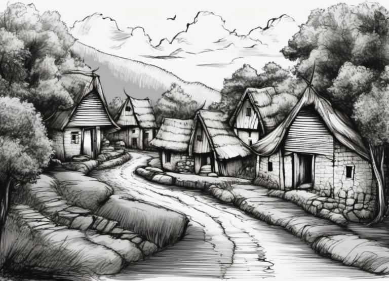 Sketch,Sketch, Village, village, monochrome, greyscale, no humans, scenery, house, tree, outdoors, cloud, sky