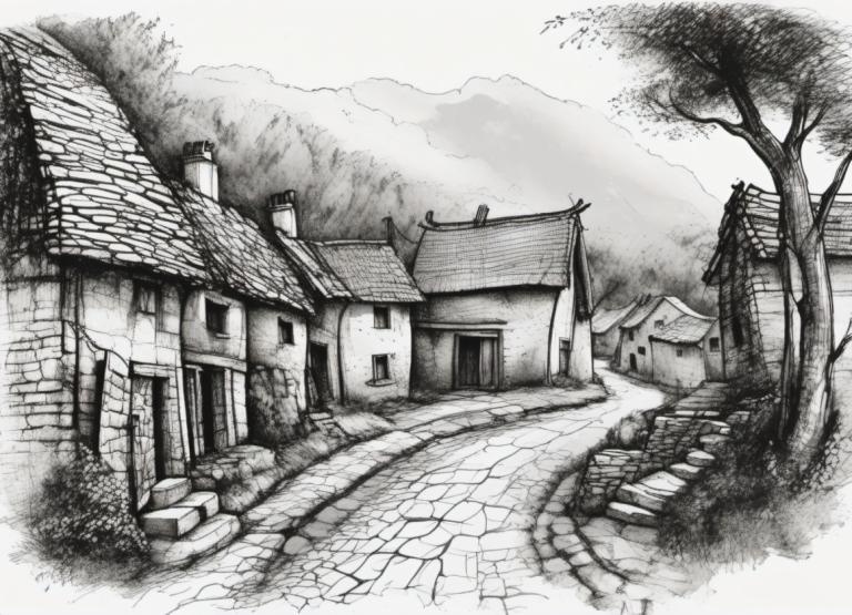 Sketch,Sketch, Village, village, no humans, monochrome, greyscale, tree, scenery, traditional media, house