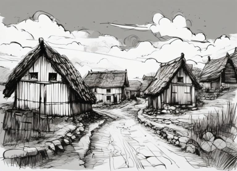 Sketch,Sketch, Village, village, monochrome, greyscale, no humans, cloud, scenery, sky, house, outdoors