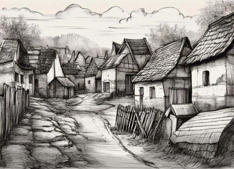 Sketch,Sketch, Village, village, no humans, scenery, monochrome, house, cloud, outdoors, sky