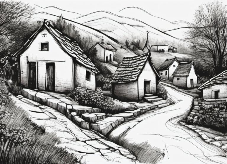 Sketch,Sketch, Village, village, no humans, monochrome, house, greyscale, scenery, tree, traditional media