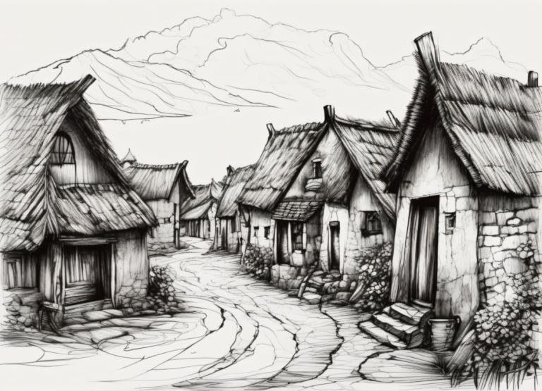 Sketch,Sketch, Village, village, no humans, monochrome, scenery, greyscale, outdoors, house, sky, cloud