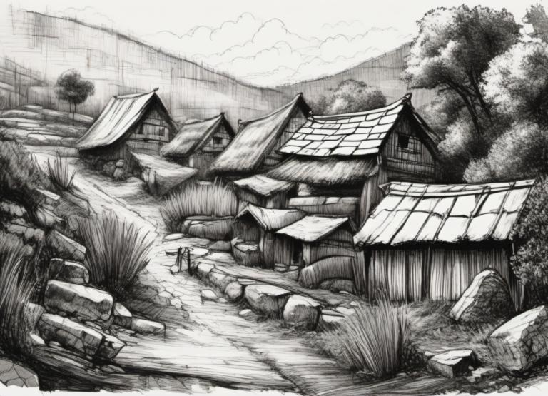 Sketch,Sketch, Village, village, monochrome, greyscale, scenery, tree, no humans, east asian architecture