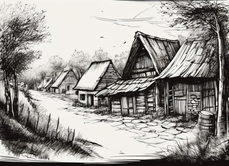 Sketch,Sketch, Village, village, no humans, monochrome, greyscale, tree, scenery, grass, outdoors, house